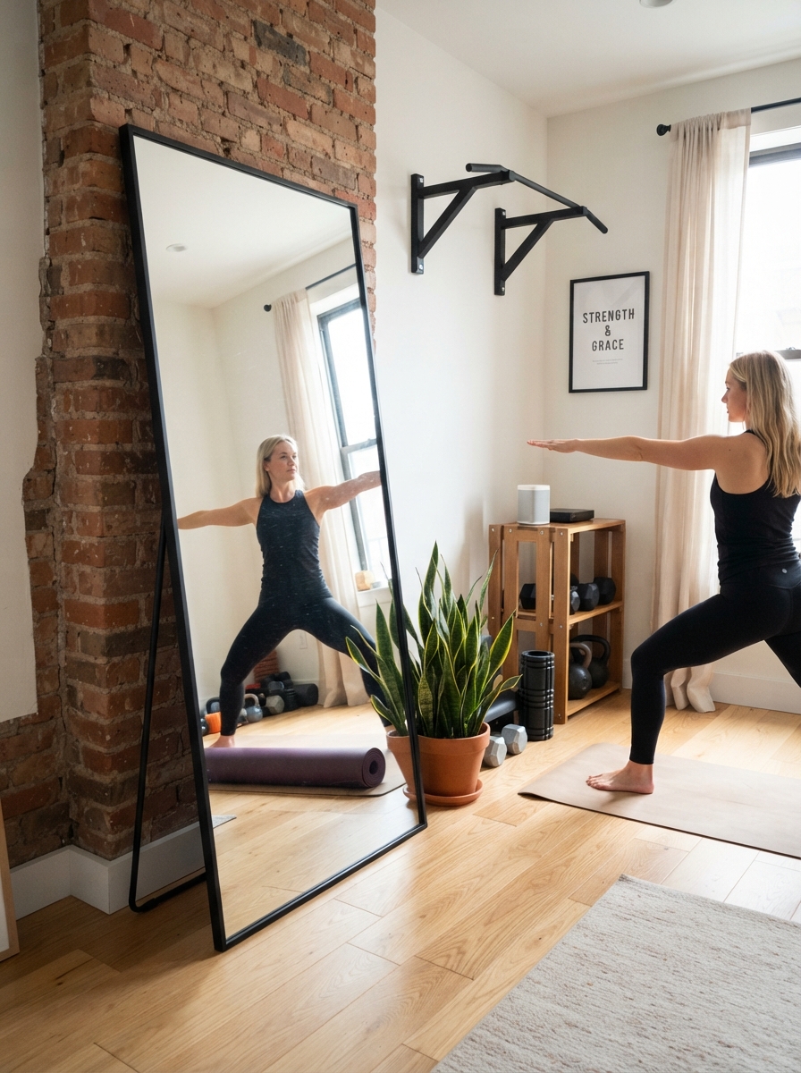 Full-length mirror added to a home gym setup