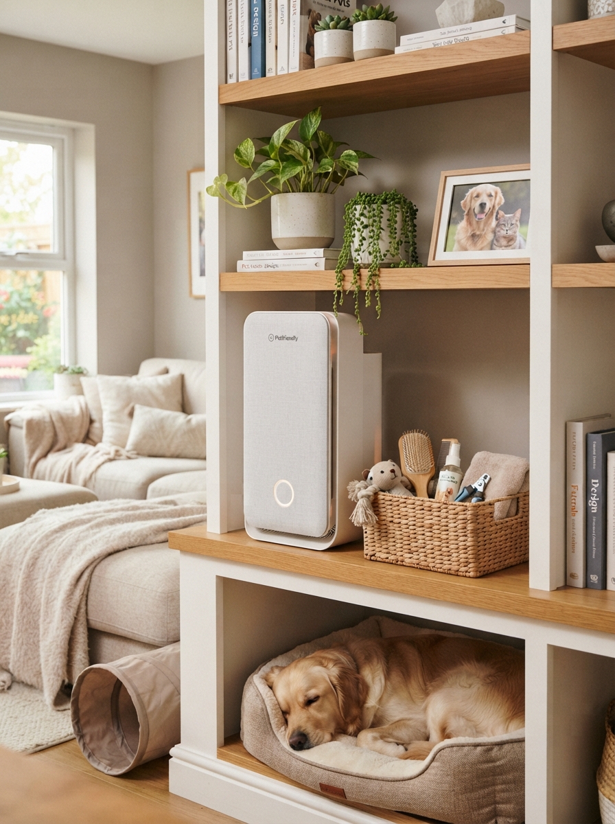 Air purifier styled to blend into a living room for pet dander control