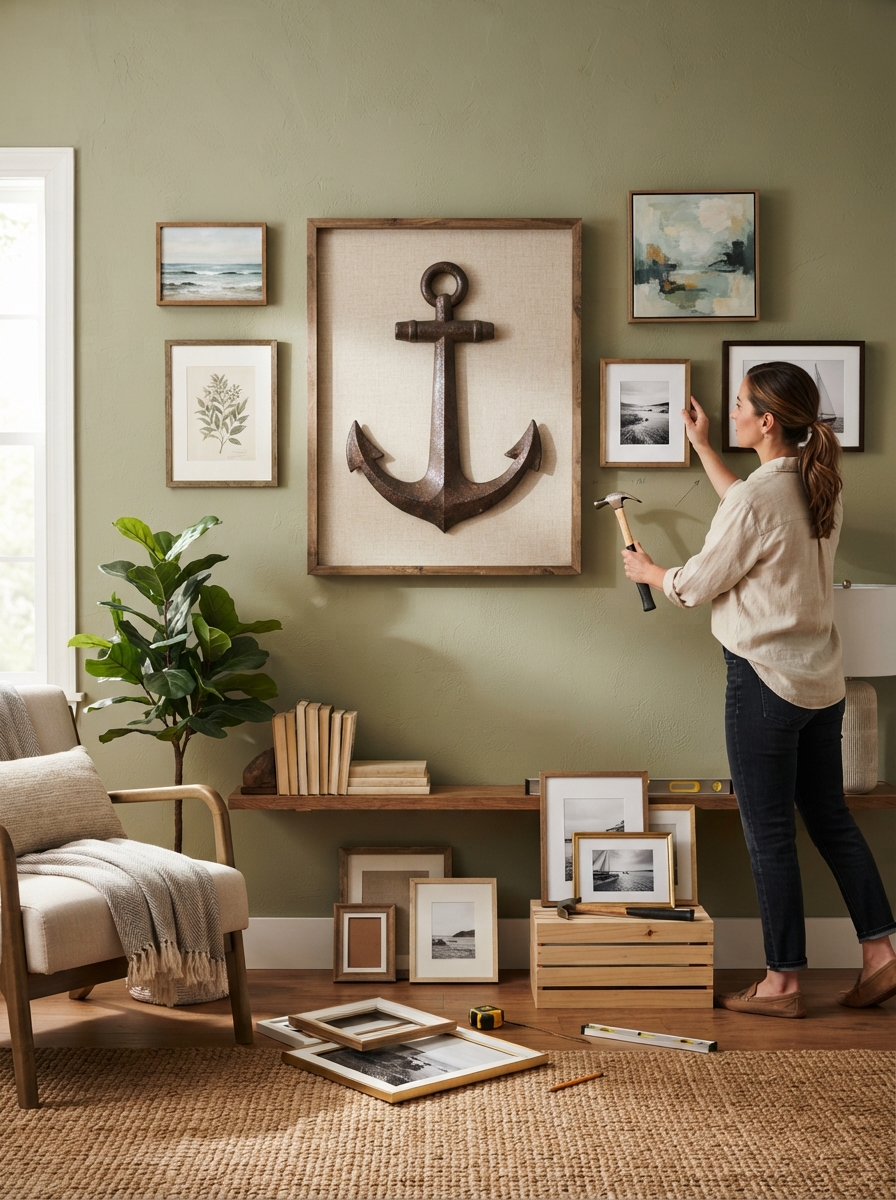 Large anchor art piece anchoring a wall arrangement