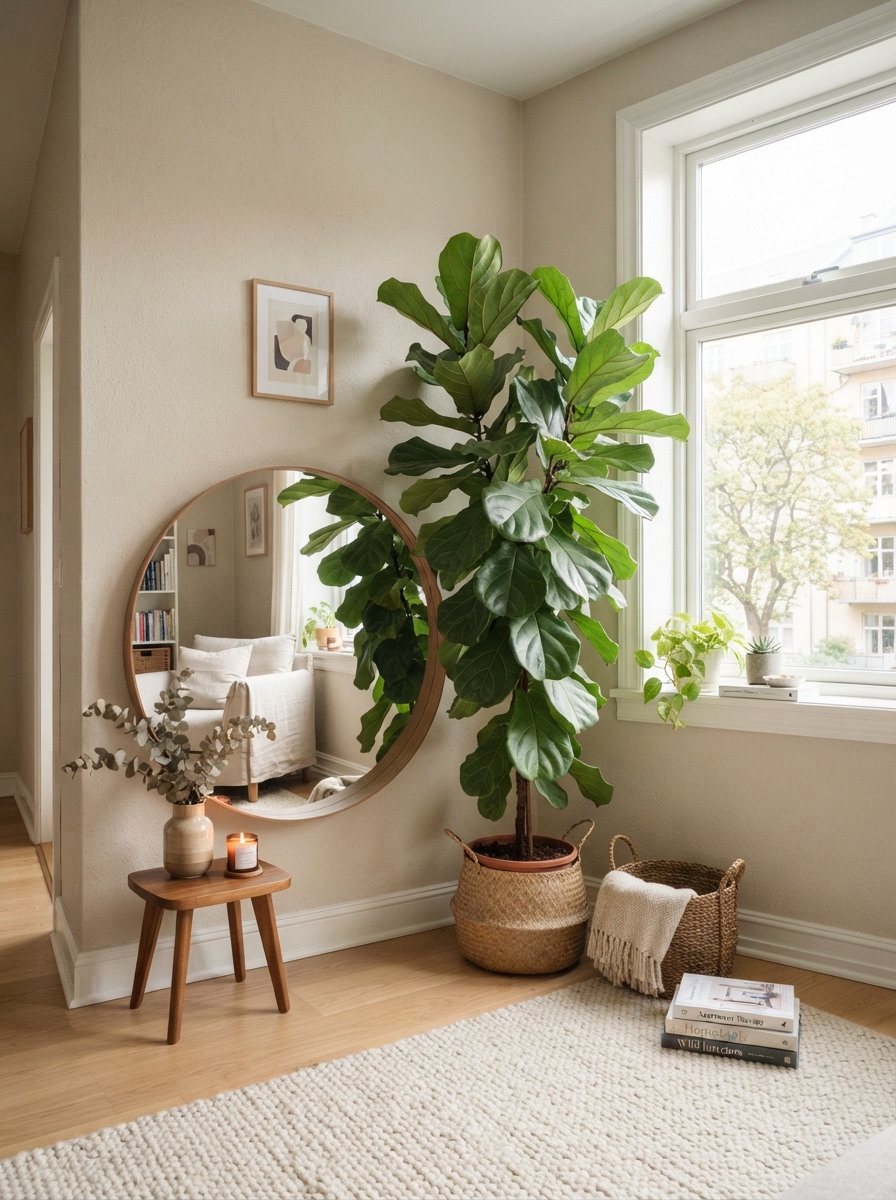 Rental apartment corner styled with a fiddle-leaf fig plant and leaning mirror