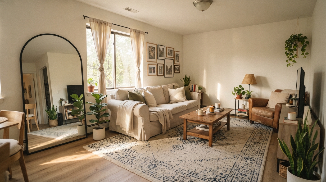 Styled rental apartment living room with large rug and slipcovered sofa