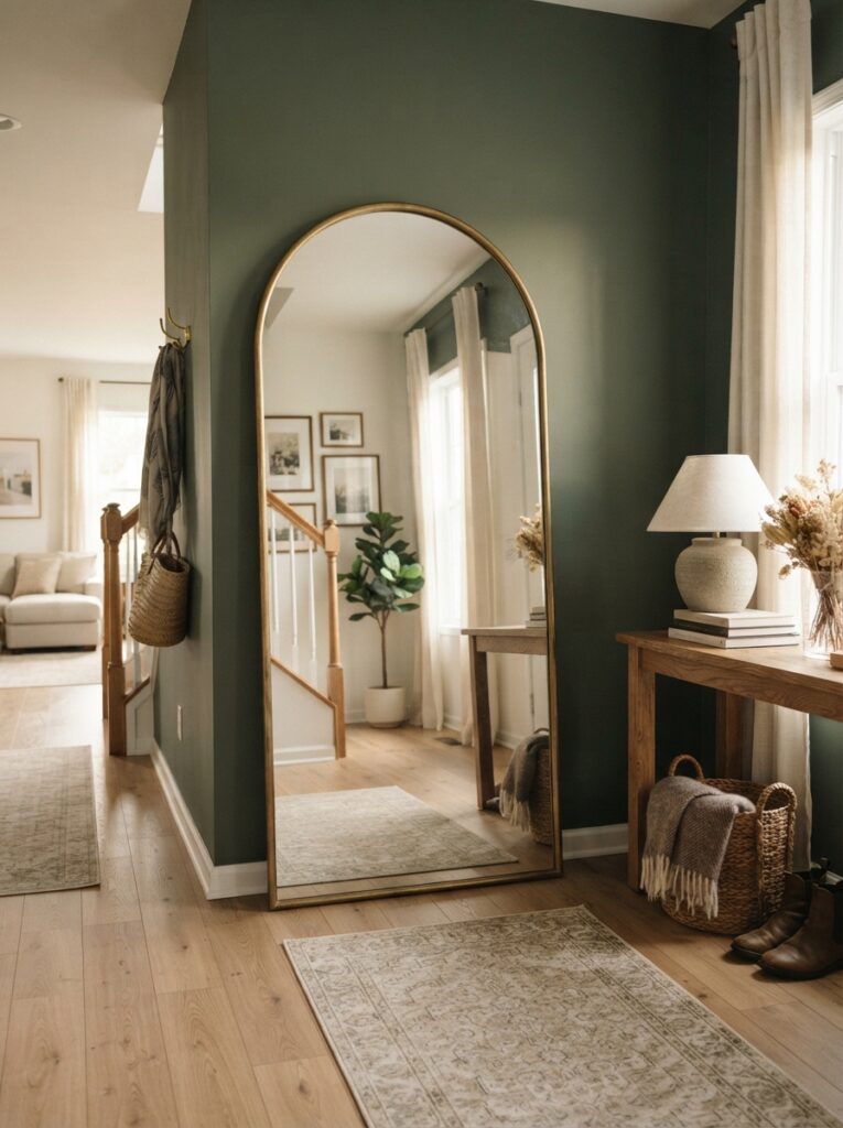 large arched mirror with a brass frame leaning against a sage green entryway wall