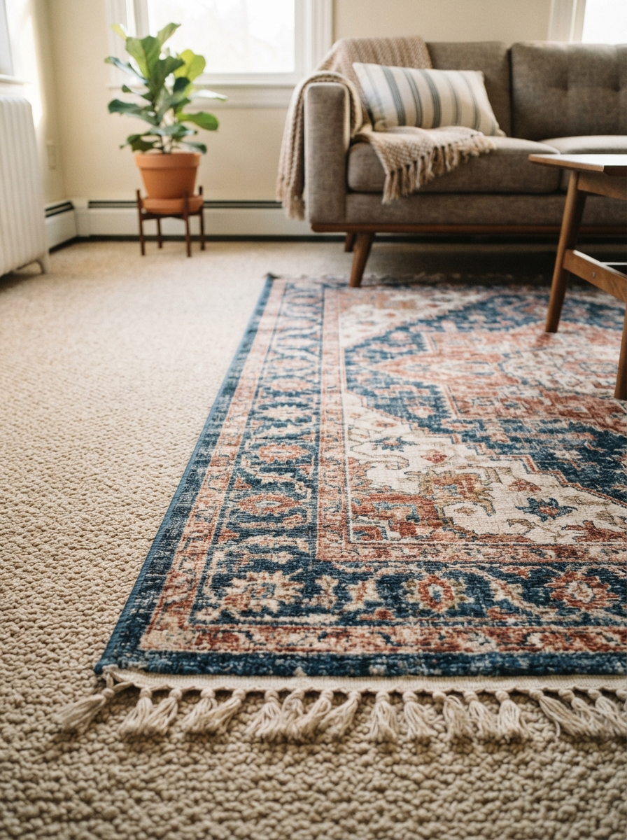 Large area rug laid over plain builder-grade carpet in a rental living room