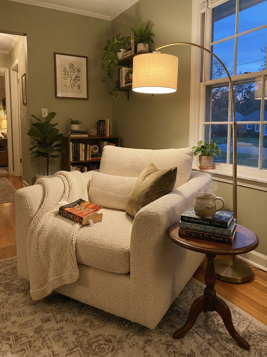 Cozy armchair reading corner with floor lamp and stacked books