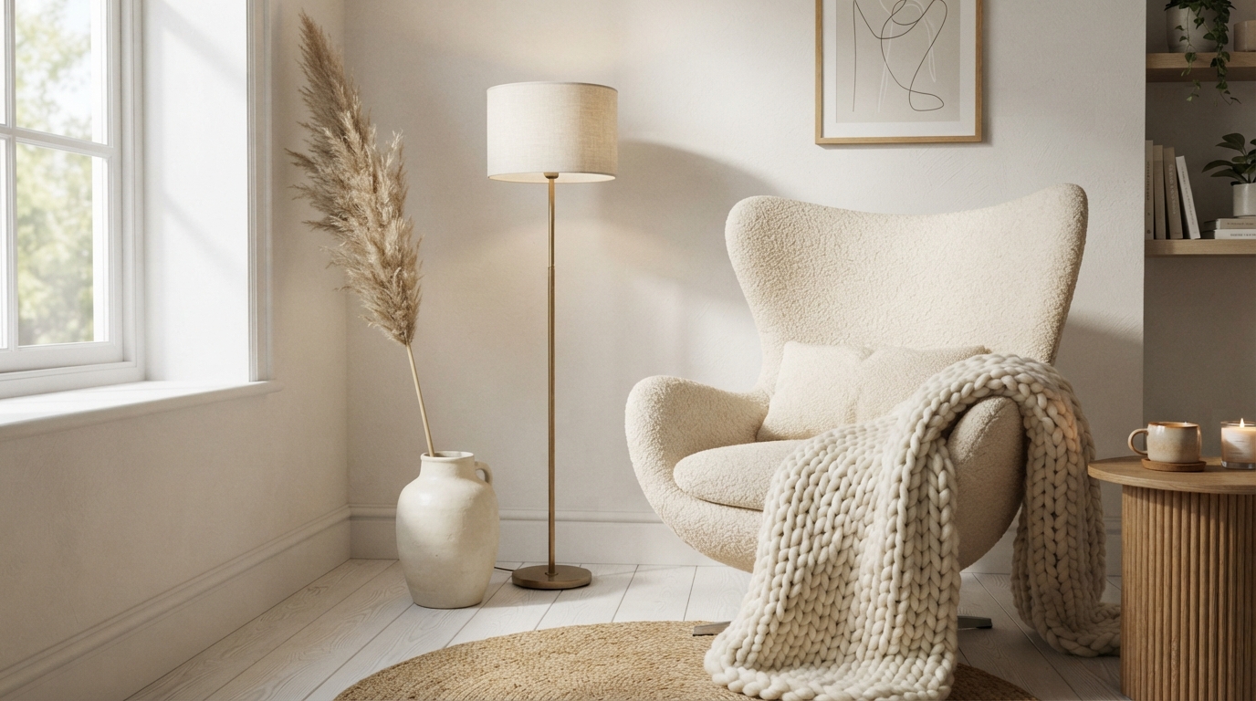 Cozy cream boucle armchair with floor lamp and dried pampas grass, Scandinavian living room