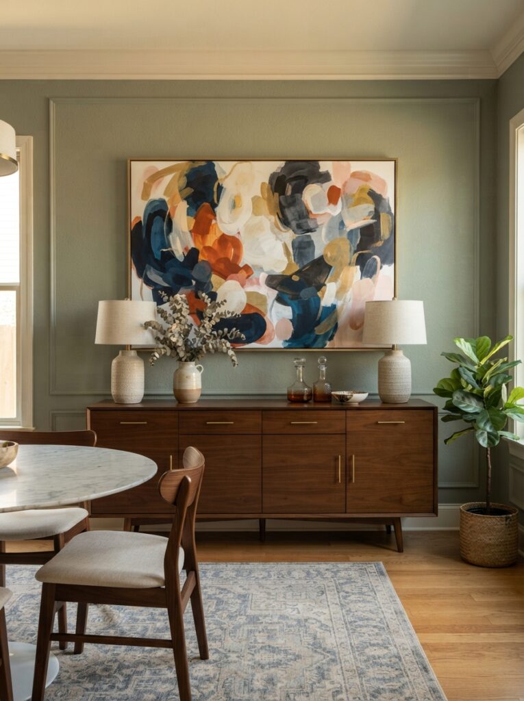 large statement art above a buffet in the dining room