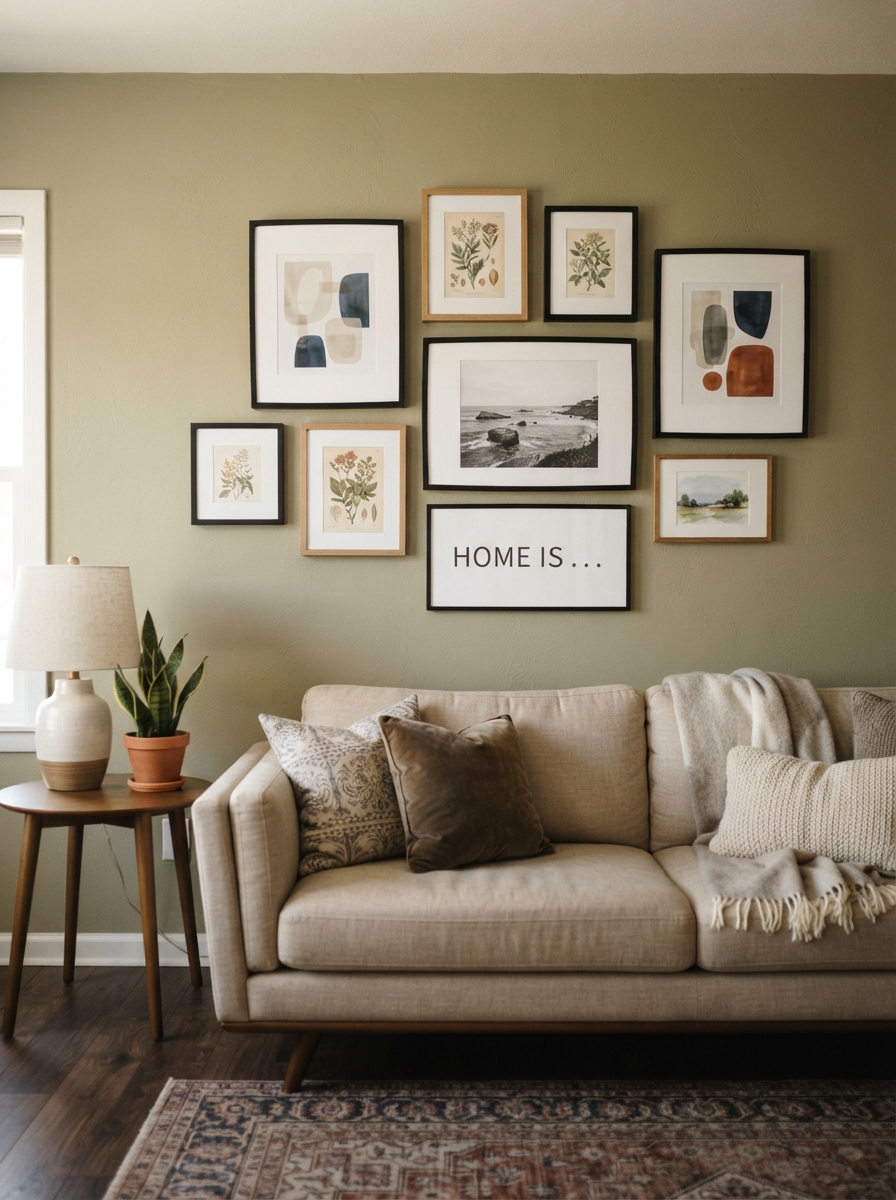 Asymmetrical cluster gallery wall arrangement