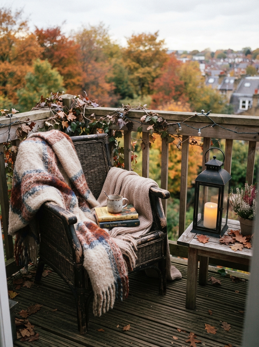 Balcony chair with blanket lantern