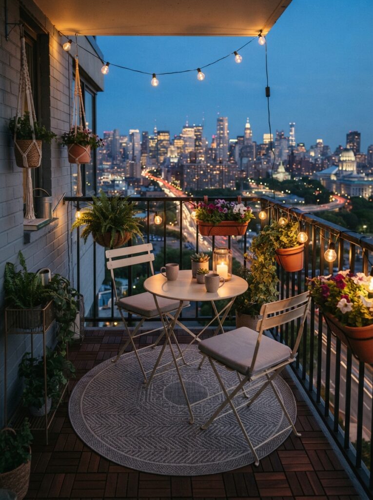 tiny balcony transformed with a bistro table, hanging plants, and a string of lights