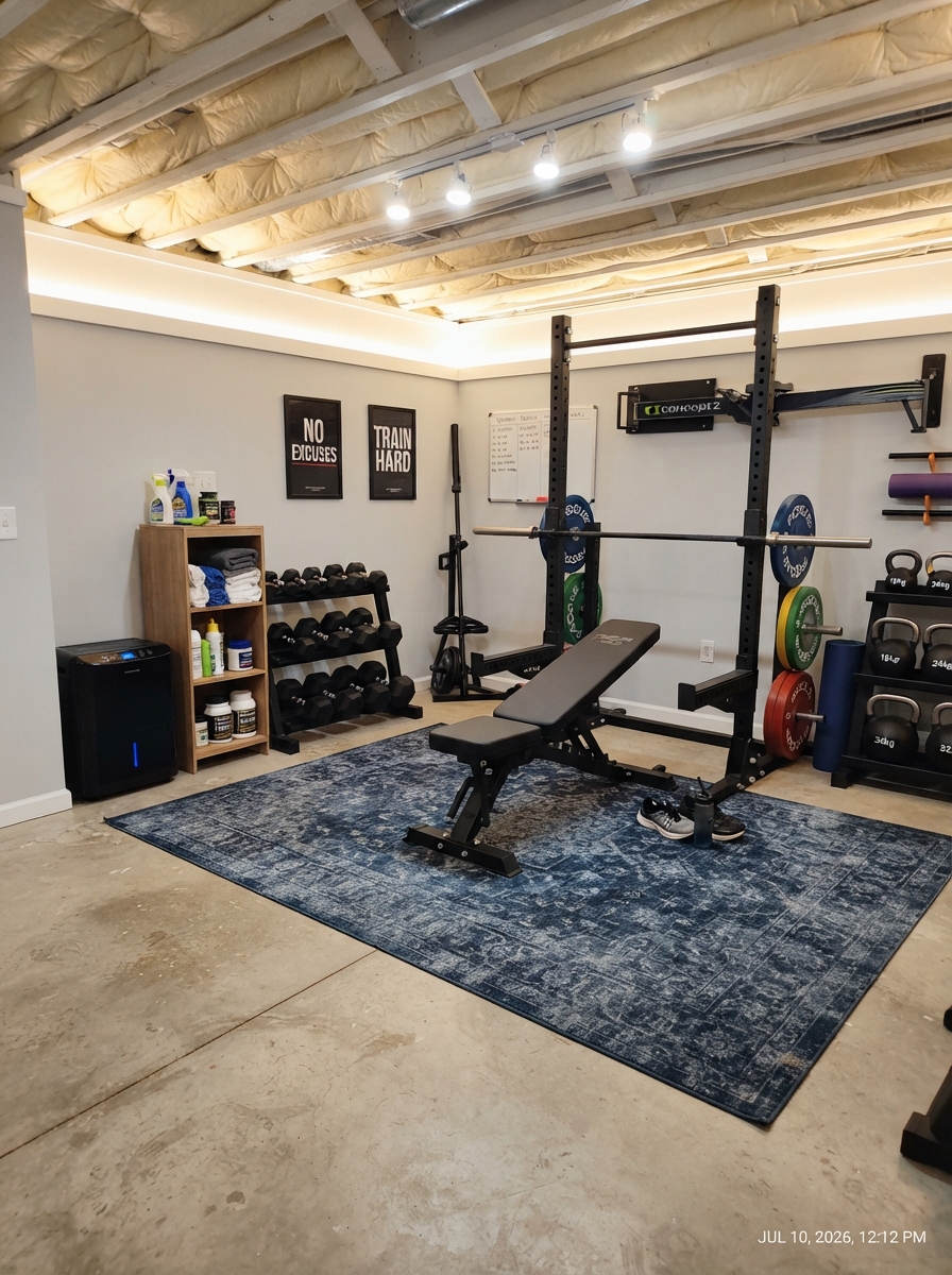 Basement gym with a workout bench and area rug