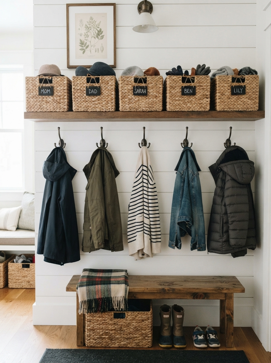 Baskets on shelf above hooks
