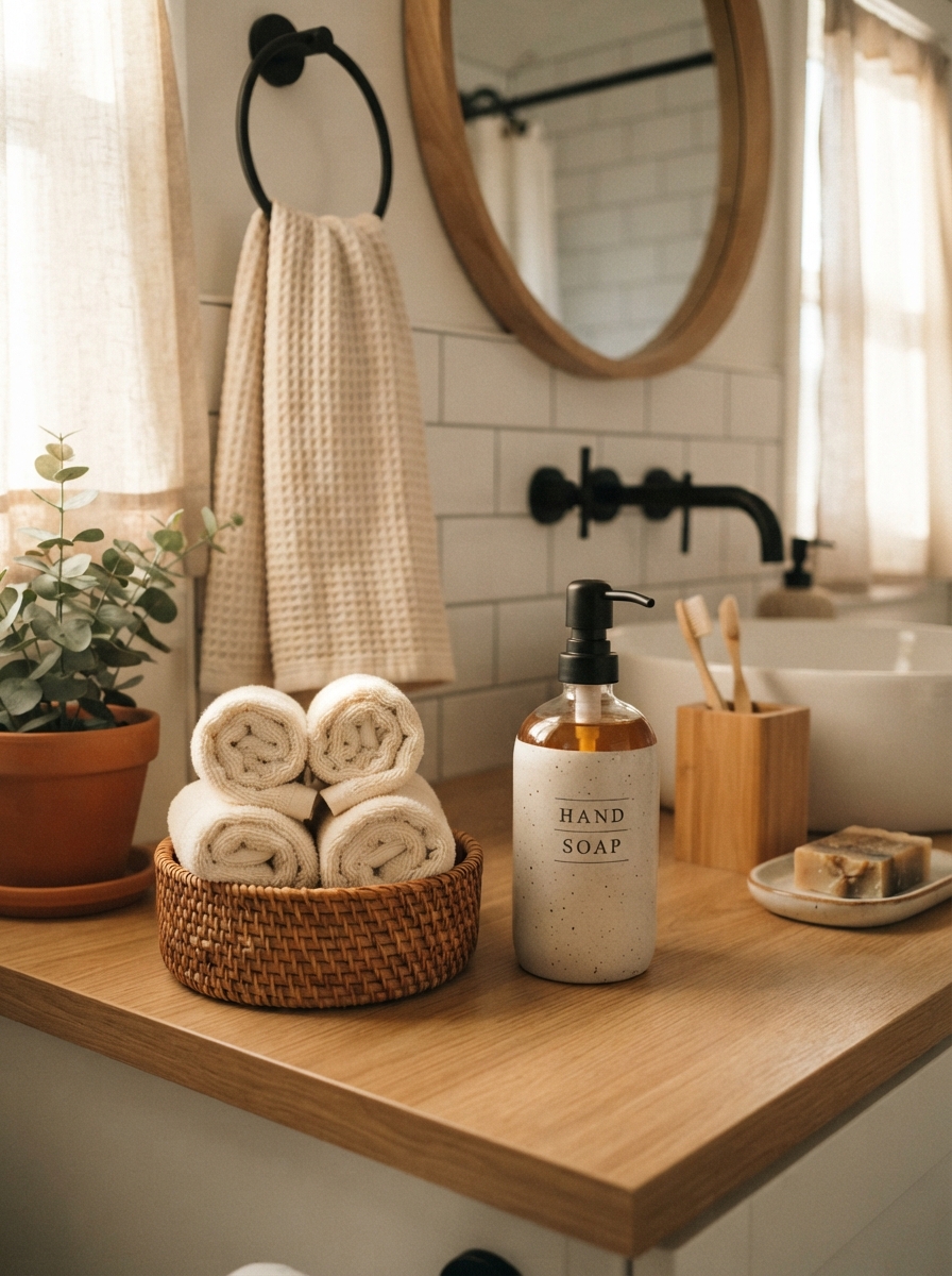 Budget bathroom counter with woven basket and rolled towels