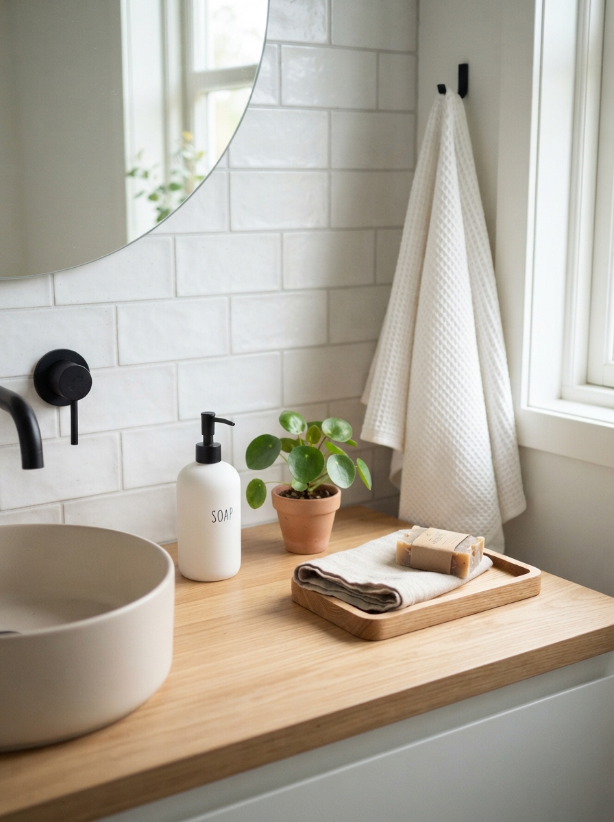 Minimal decluttered bathroom counter with soap dispenser and small plant