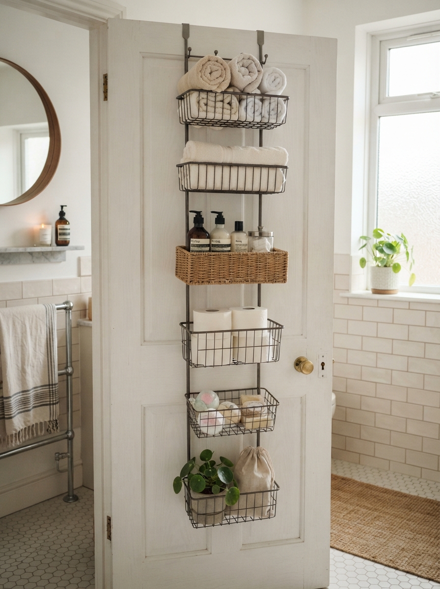 Back of bathroom door fitted with slim over-the-door organizer