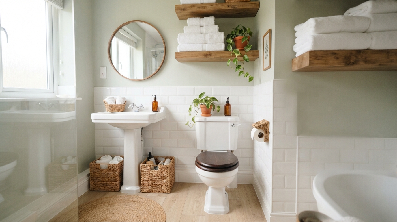 Small bathroom transformed with floating shelf and woven baskets