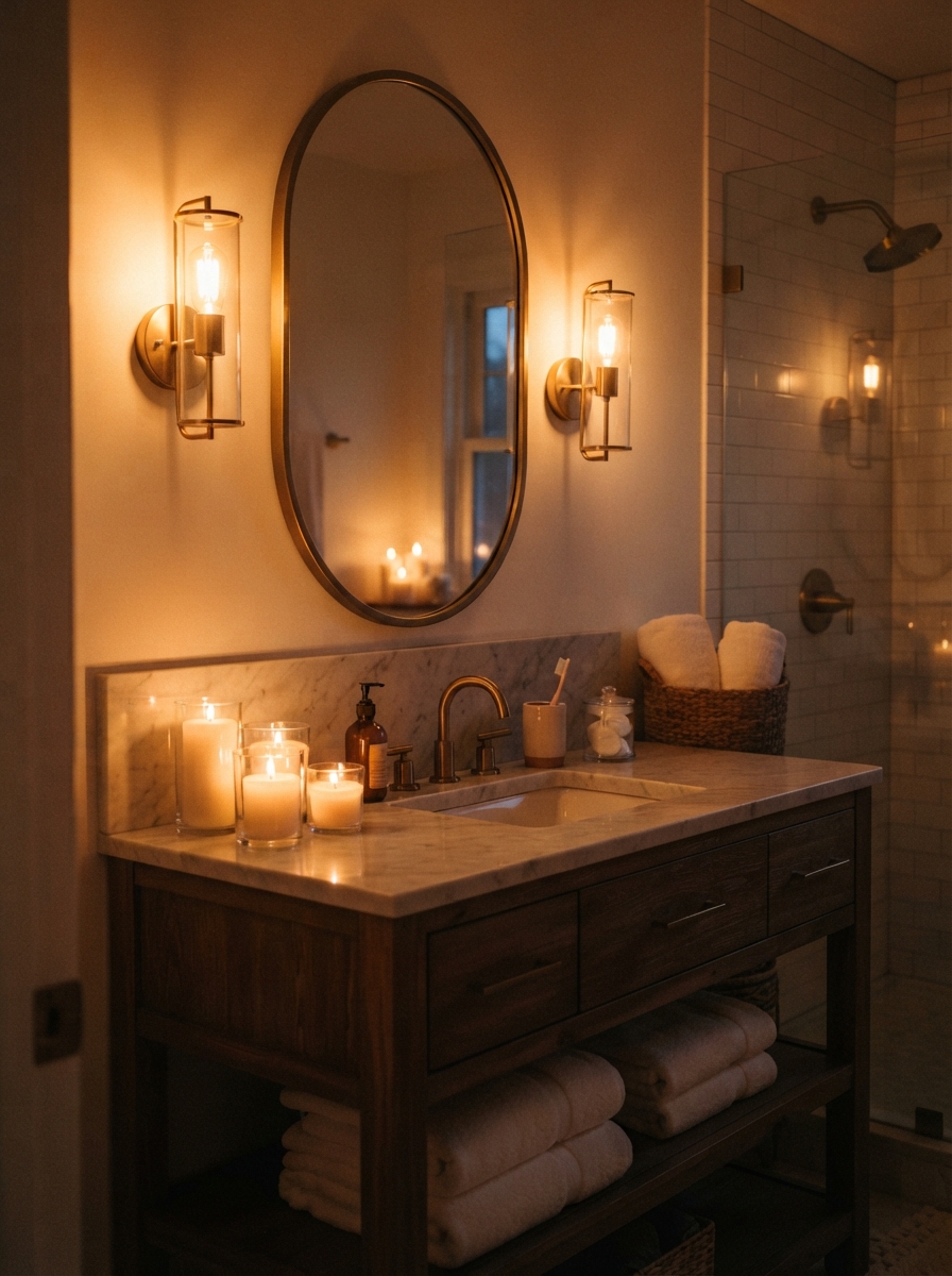 Bathroom vanity lit by warm LED sconces and candles