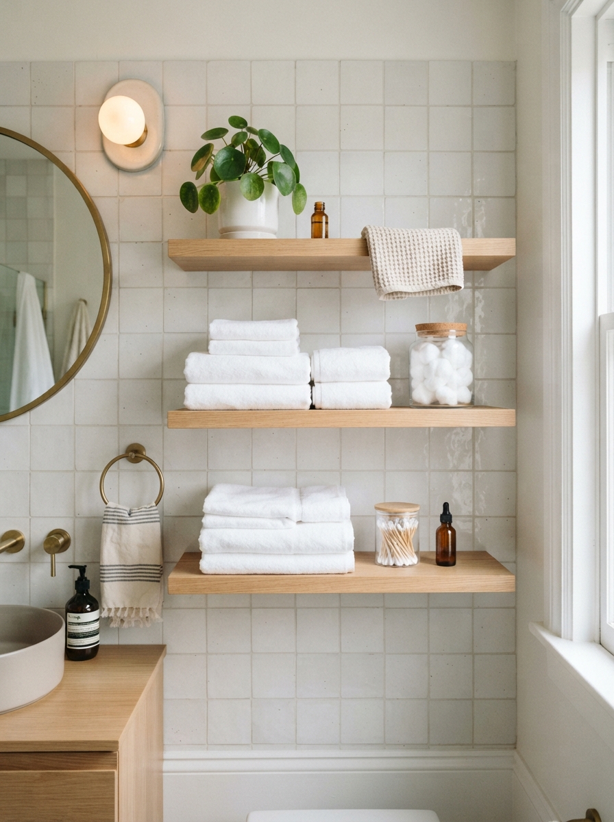 Bathroom wall fitted with narrow floating shelves and towels