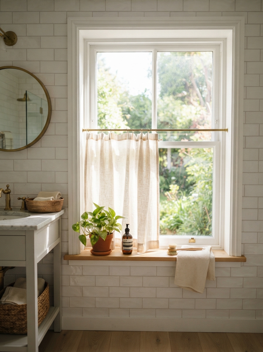Bathroom window styled with a simple cafe curtain