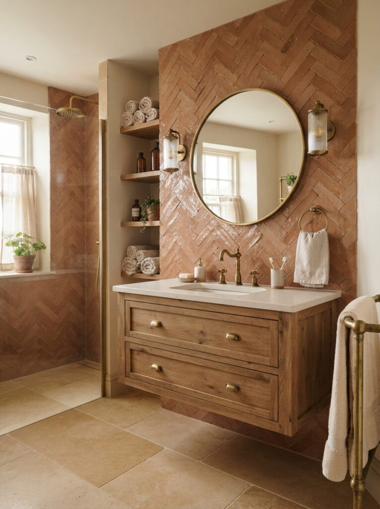 Bathroom with a Zellige tile accent wall behind the vanity