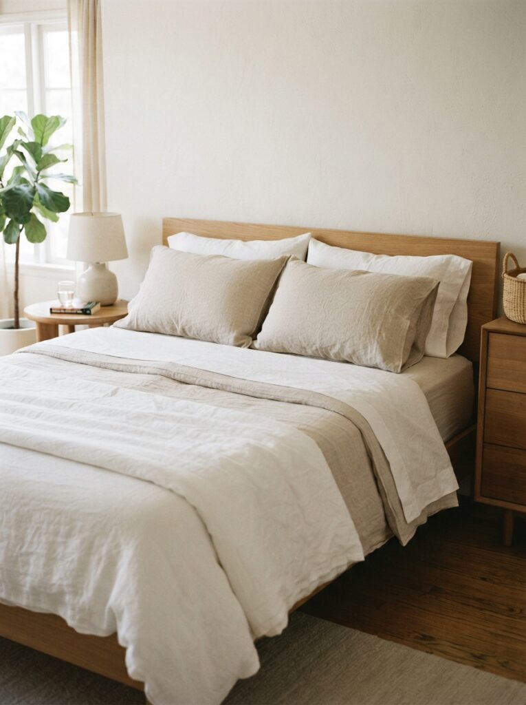 minimalist bed layered simply with crisp white linen and a few pillows