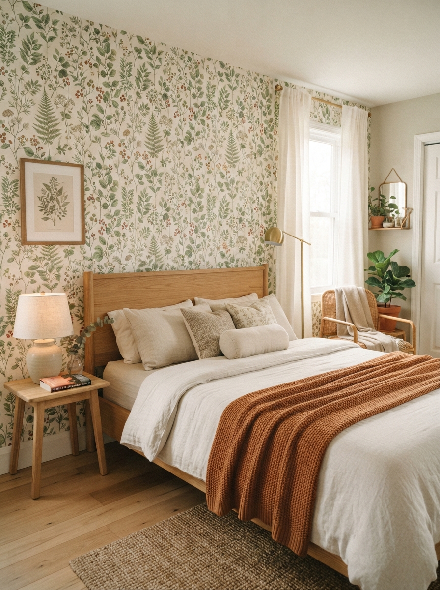 Rental bedroom accent wall with botanical peel-and-stick wallpaper