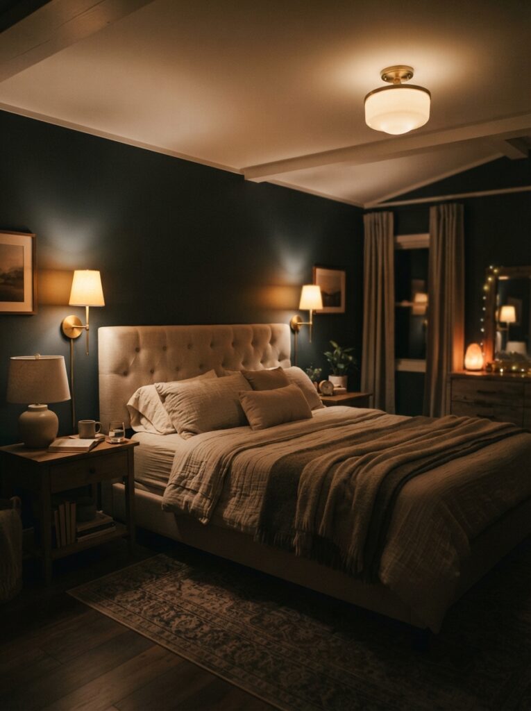 minimalist bedroom lit by layered warm light sources instead of harsh overhead lighting
