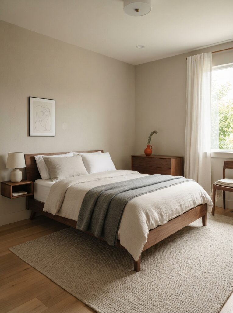 minimalist bedroom built on a restrained neutral color palette with one accent material