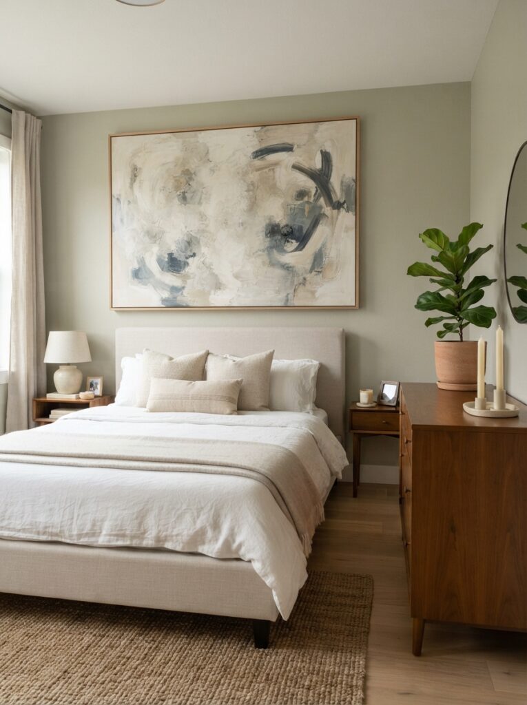 single oversized art piece above the bed in a minimalist bedroom