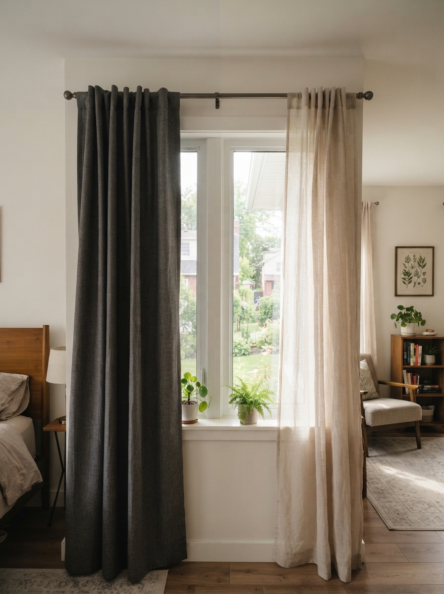 Bedroom window with blackout drapery beside a living room window with sheer panels