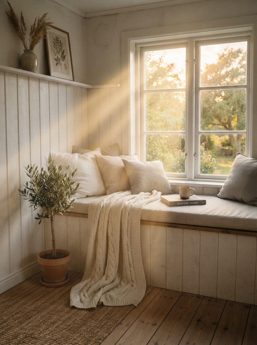 Scandinavian bedroom window seat in golden hour light with linen cushions