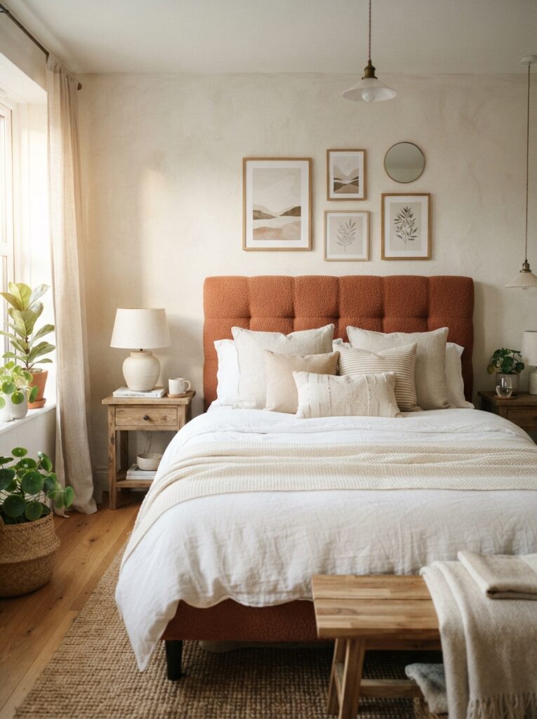 bedroom with a DIY upholstered fabric headboard in warm terracotta boucle and layered neutral pillows