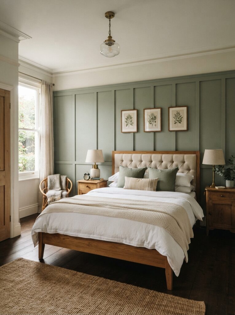 Bedroom with a board and batten accent wall painted in a soft neutral