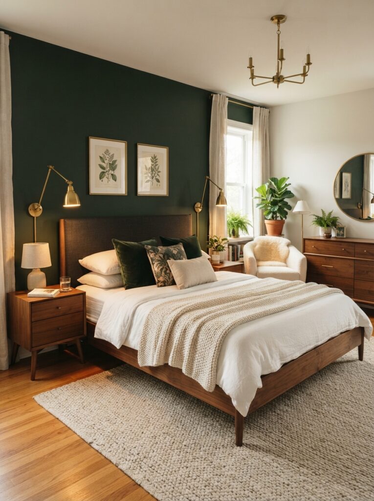Bedroom with a deep forest green accent wall behind the bed
