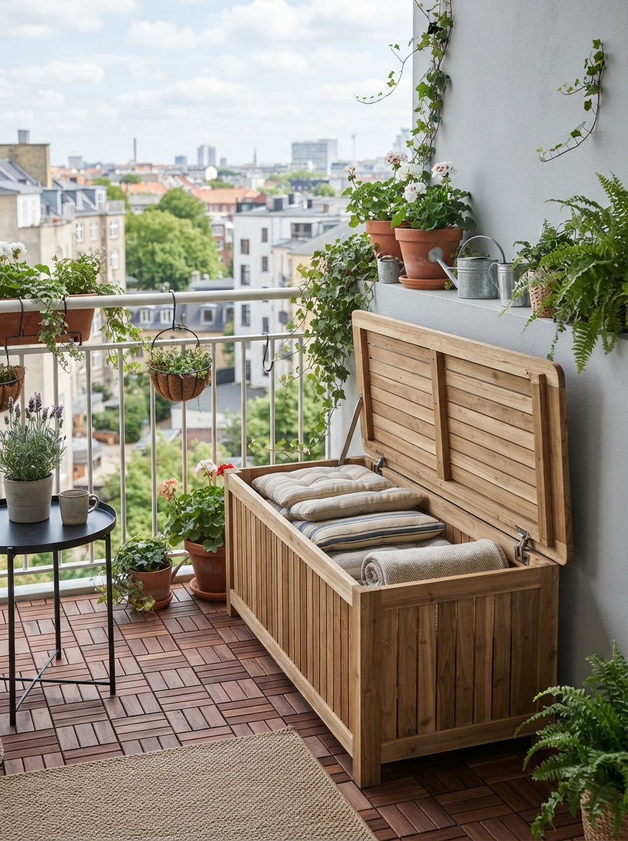 Bench with cushions on balcony