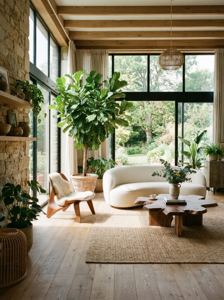 biophilic design living room with a large potted tree as a room anchor