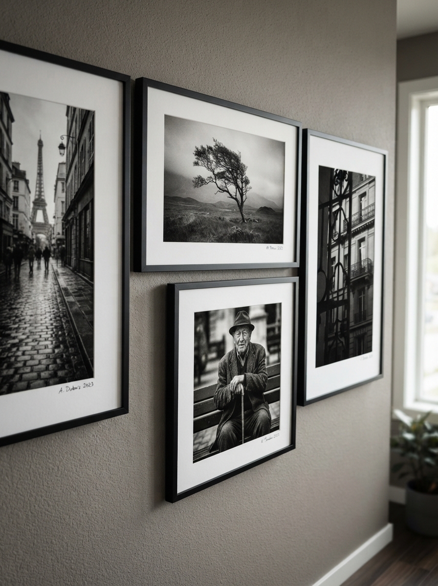 Black-and-white photography prints used as a unifying gallery wall theme