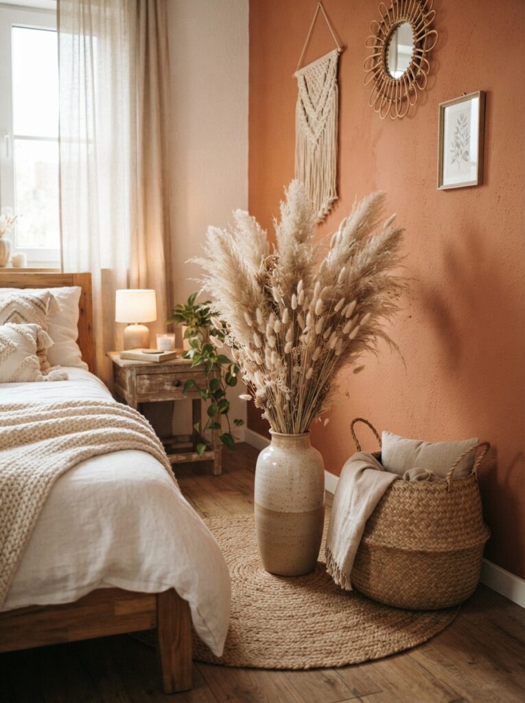 tall vase of dried pampas grass in a boho bedroom corner against a terracotta wall