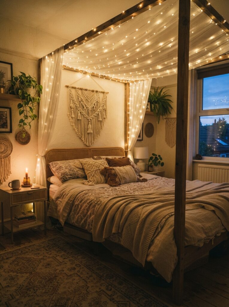 boho bedroom at dusk lit by warm string lights woven along a canopy above the bed