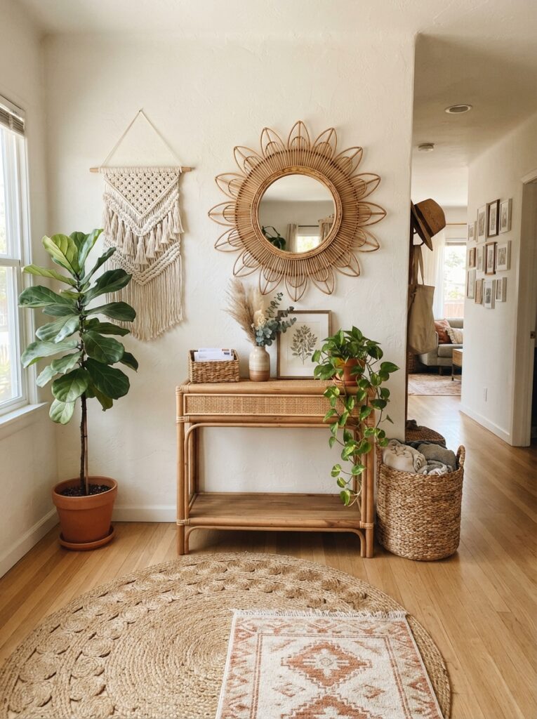 boho entryway with a rattan sunburst mirror, jute rug, and trailing pothos on a woven shelf