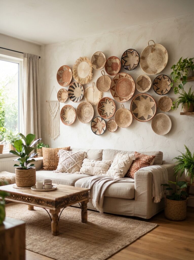 boho living room wall with an asymmetrical arrangement of flat woven baskets in varying sizes