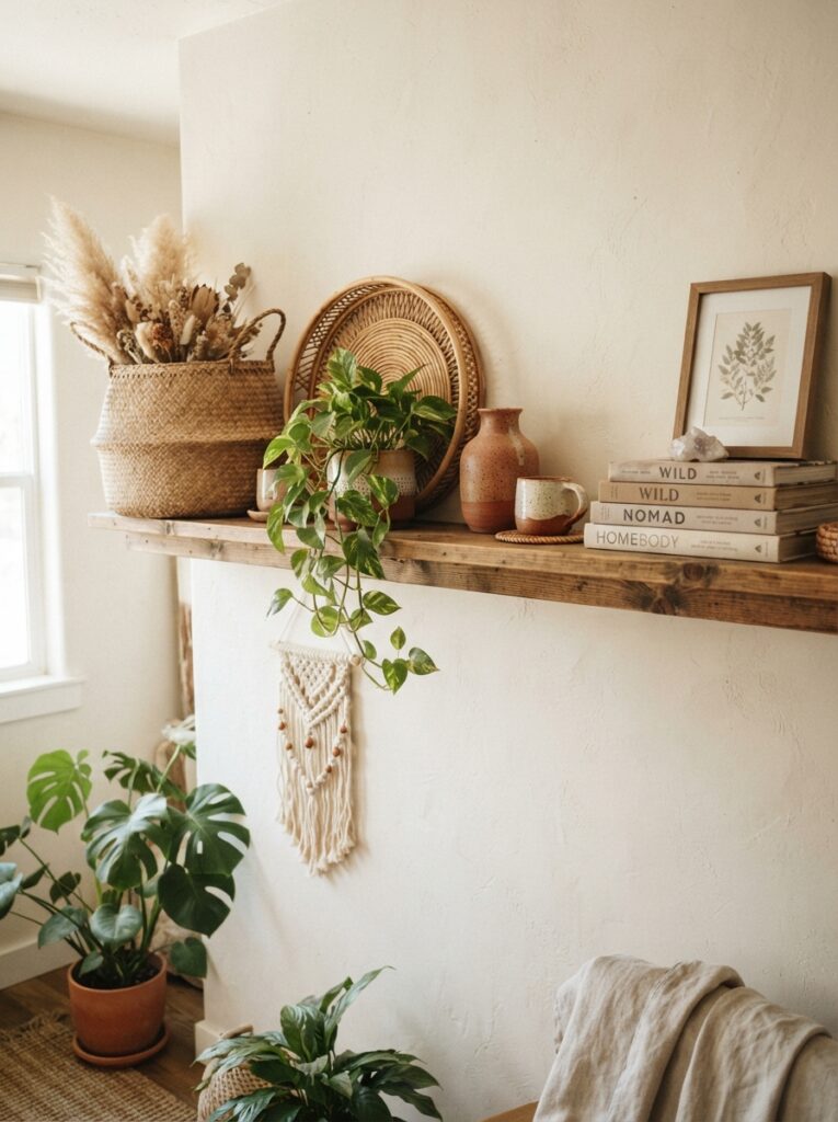 boho shelf styled with woven baskets, trailing plants, and layered earthy ceramics