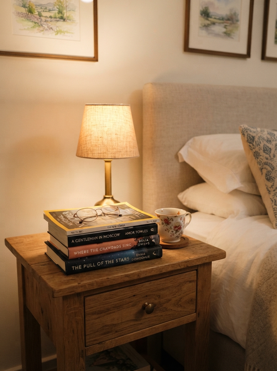 Books and magazines on nightstand