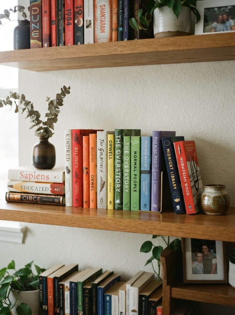 books styled on a shelf, some stacked horizontally and some arranged by color