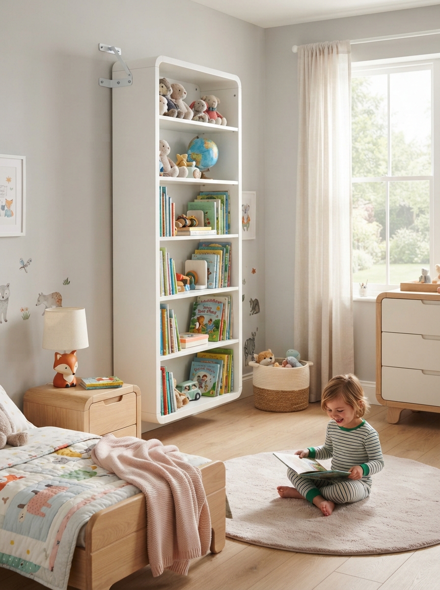 Bookshelf anchored to wall for safety