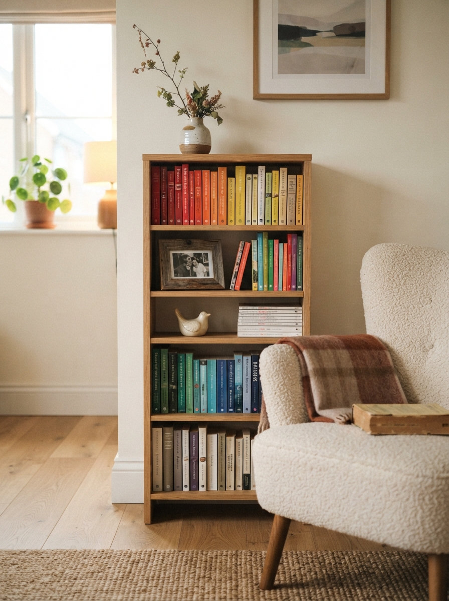 Small bookshelf styled beside a reading chair