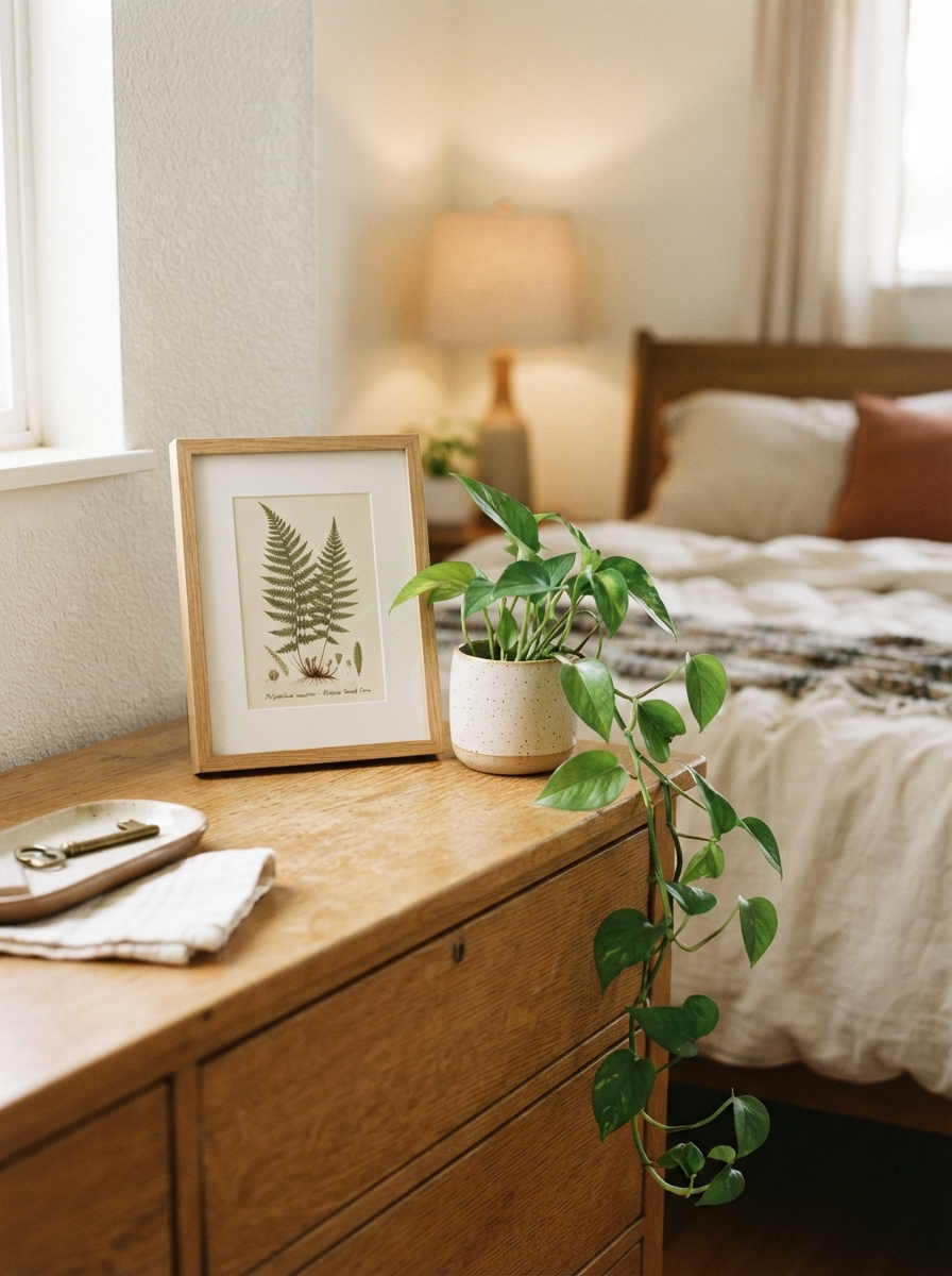 Botanical print and plant on dresser
