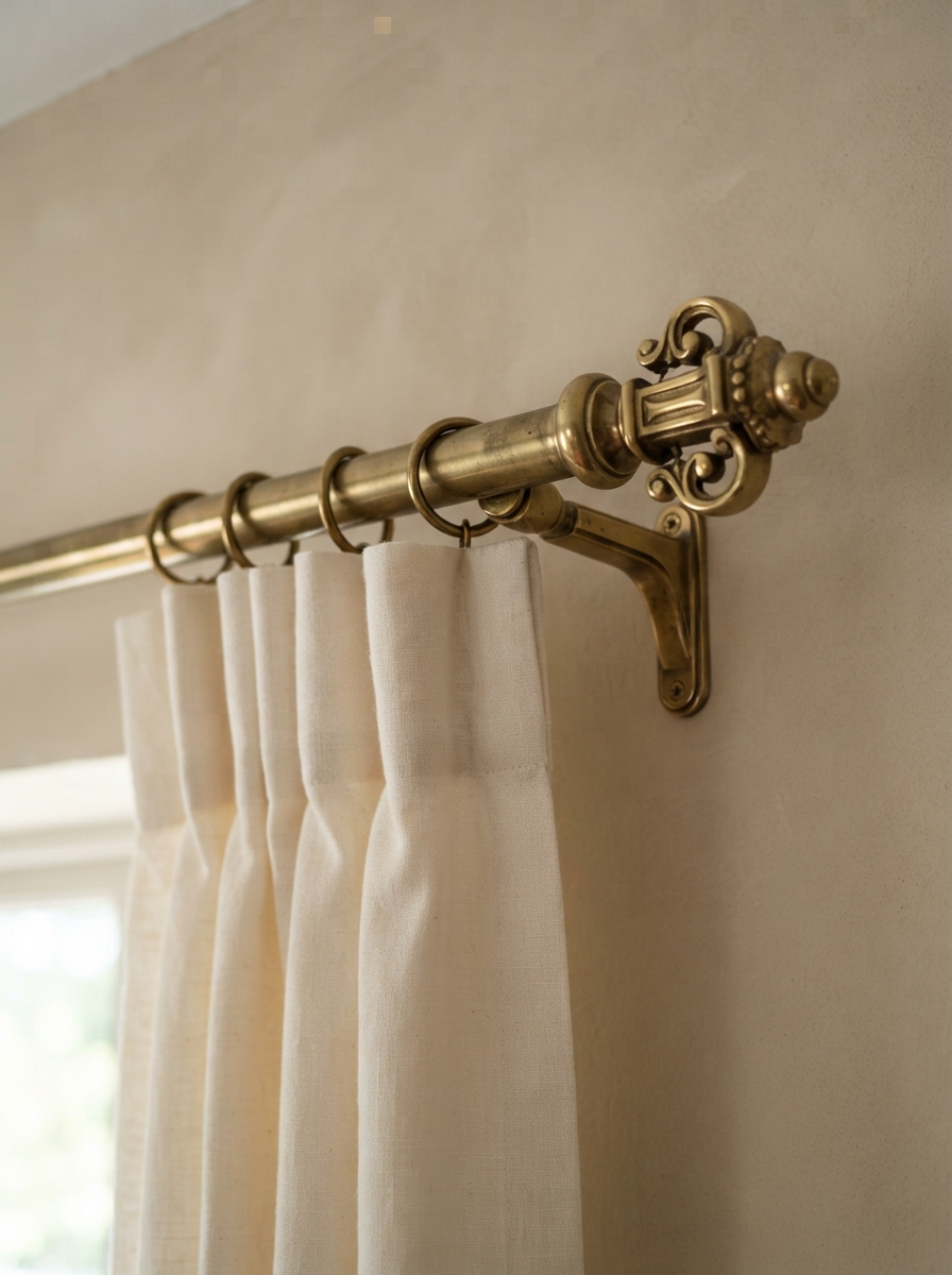 Brass curtain rod and finial detail