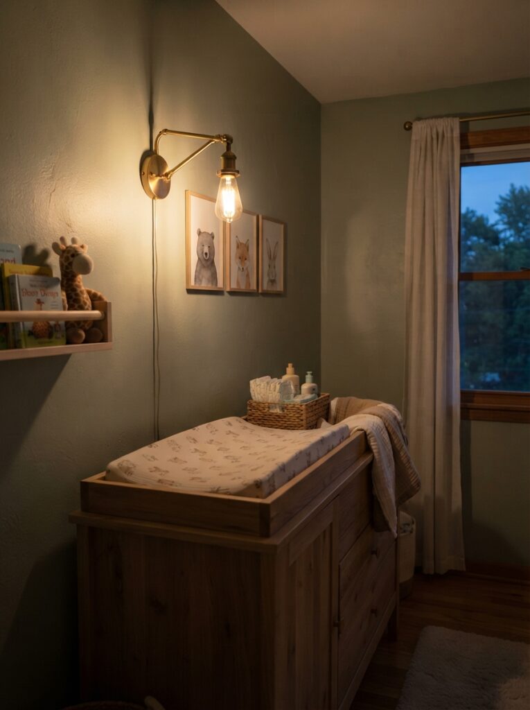 Warm brass wall sconce glowing softly in a nursery