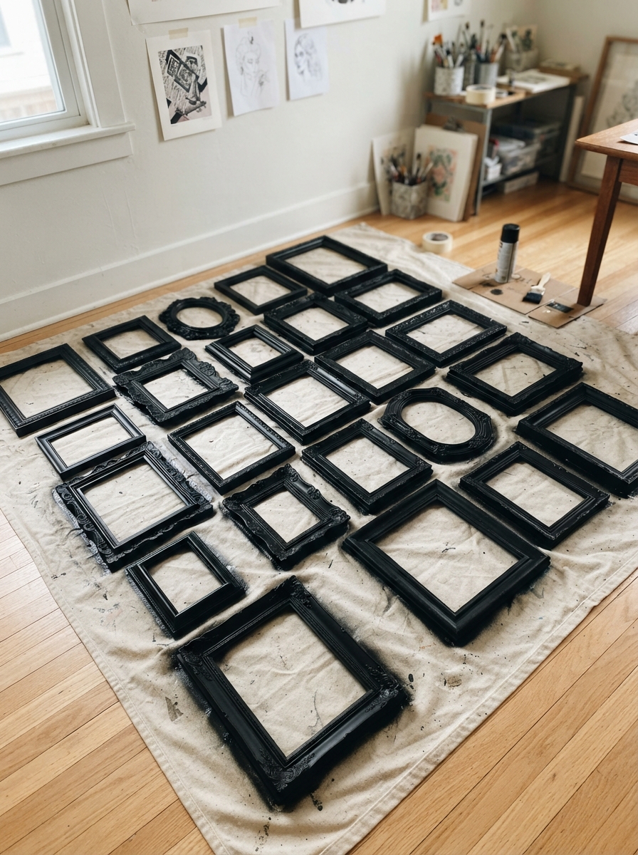 Budget gallery wall made with thrifted frames