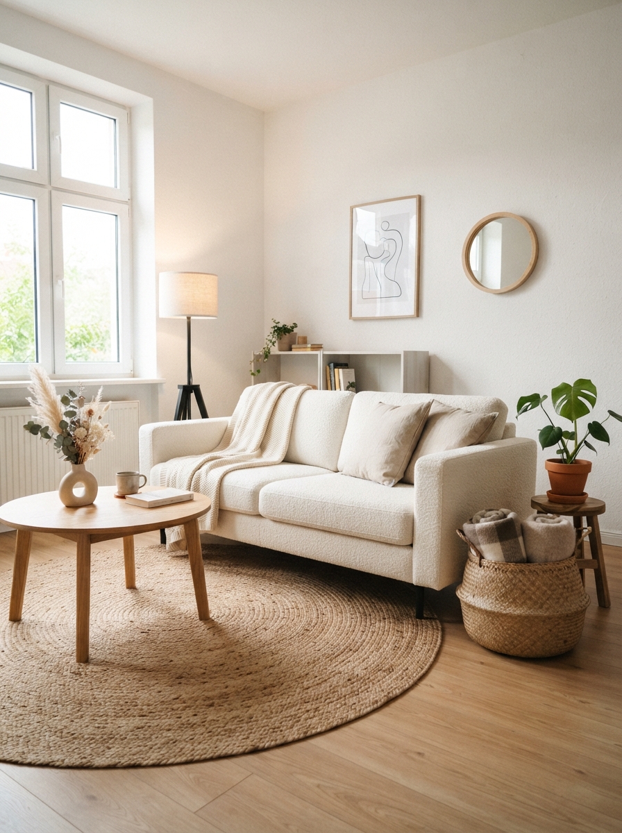 Budget-friendly Scandinavian living room with boucle sofa and jute rug